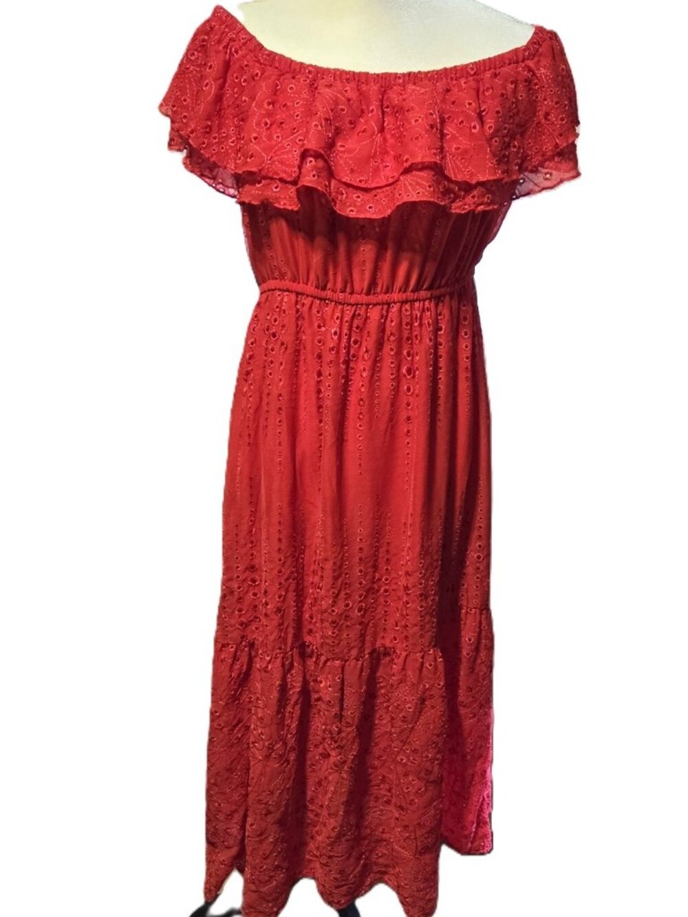 SOFIA VERGARA Off-Shoulder Red Eyelet Maxi Dress